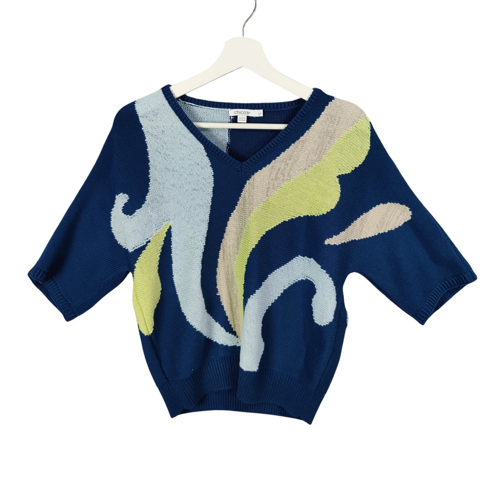 Chicos Artsy Mature VNeck Sweater 3/4 Sleeve Abstract Blue Womens 1‎ US Medium